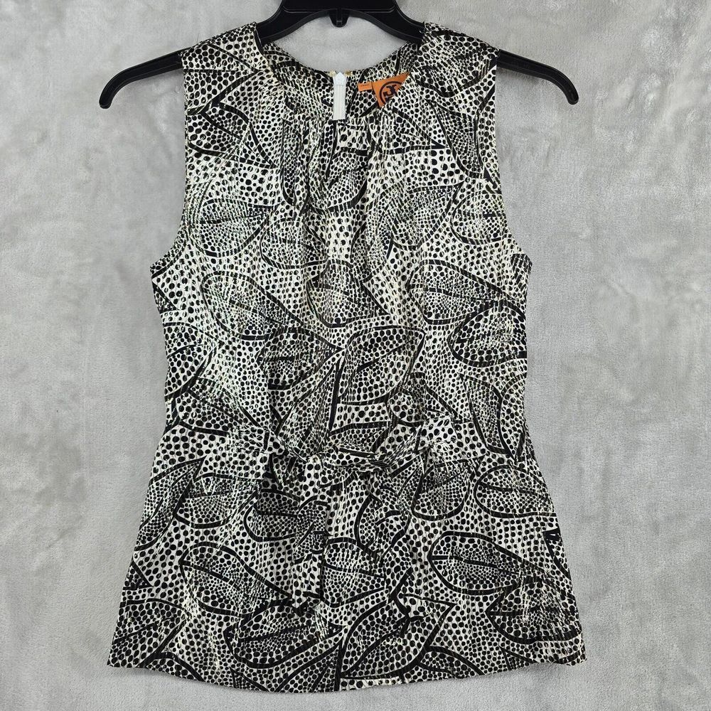 Tory Burch Women's Black Gold Sleeveless Round Neck Back Zip Blouse Size 6 Silk